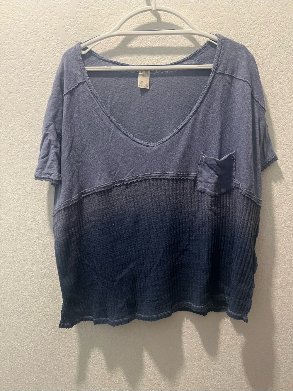 Free People We The Free Blue Thermal Oversized Top Large Raw Seam Boho